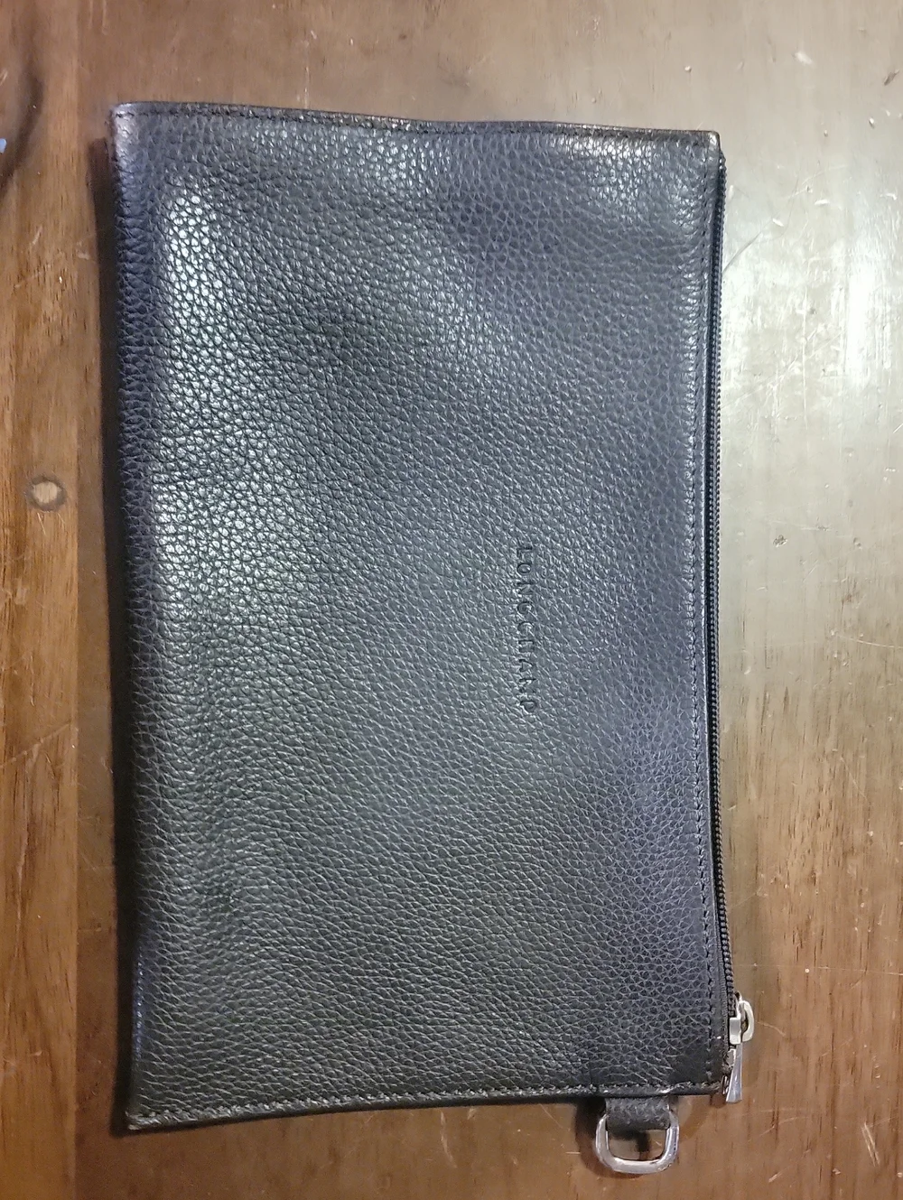Longchamp Black Pebbled Leather Clutch Pouch with Silver Hardware